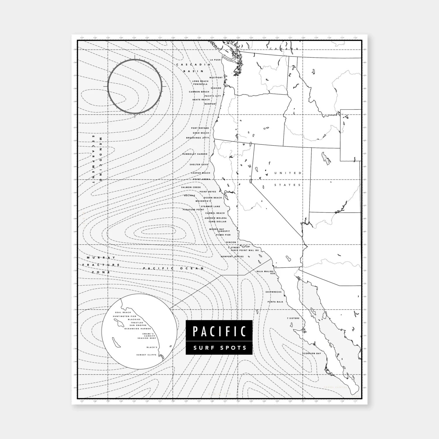 Pacific Surf Spots | Poster (B/W) 3 Pacific Surf Spots | Poster (B/W)